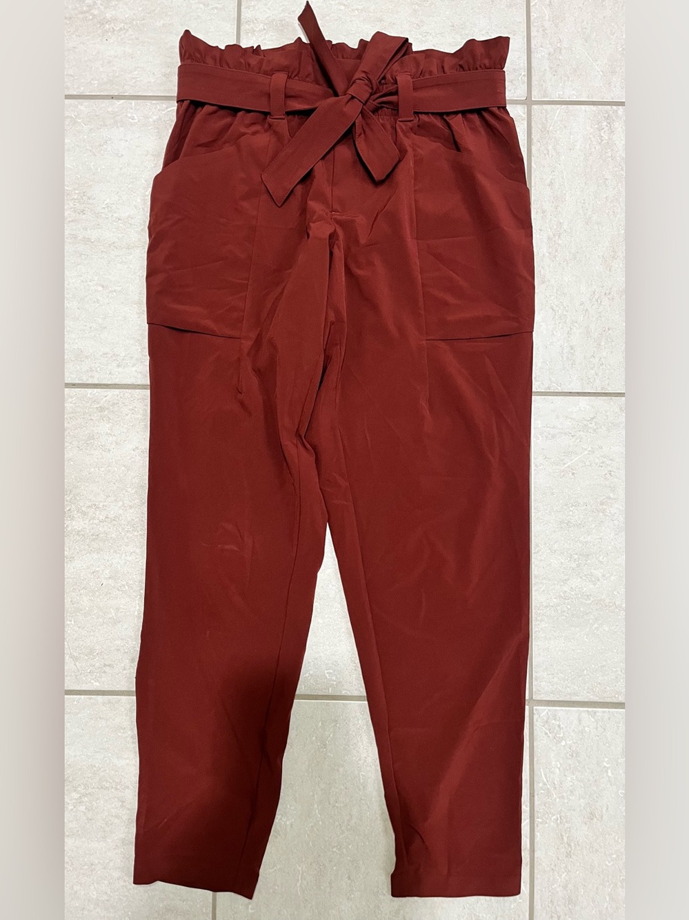 Athleta Skyline Pants Women 6 Cinnamon Brown Tie Waist Tapered Stretch Commute